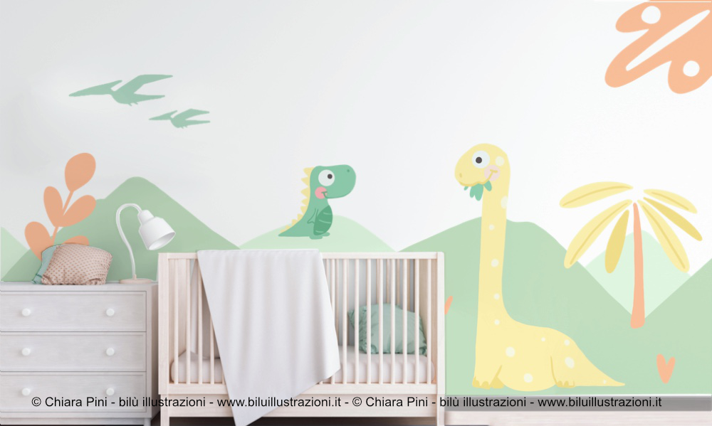 Personalizza le pareti dedicate ai tuoi bimbi con le mie illustrazioni dipinte a tema Dinosauri